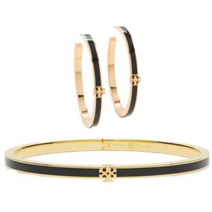 TORY BURCH BLACK AND GOLD KIRA ENAMEL BRACELET AND EARRING SET